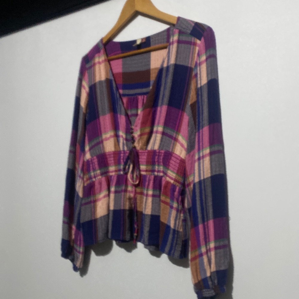 Anthro Pilcro M Plaid Deep-V Blouse - Picture 9 of 14